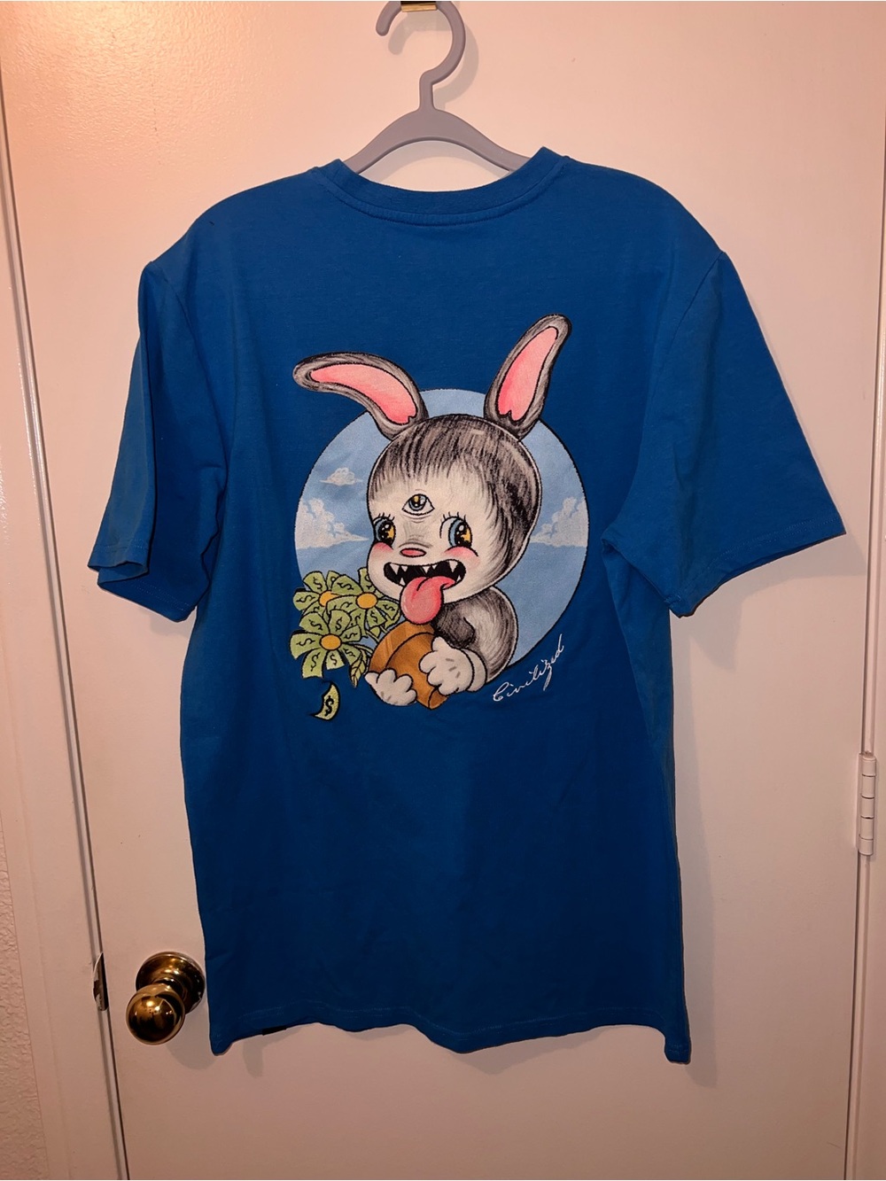 Blue Tee with Yellow Floral and 'CIVILIZED' Graphic